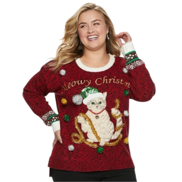 UNITED STATES SWEATERS "Meowy Christmas" Ugly Cat Sweater Size L --WON Each Time - Picture 1 of 13